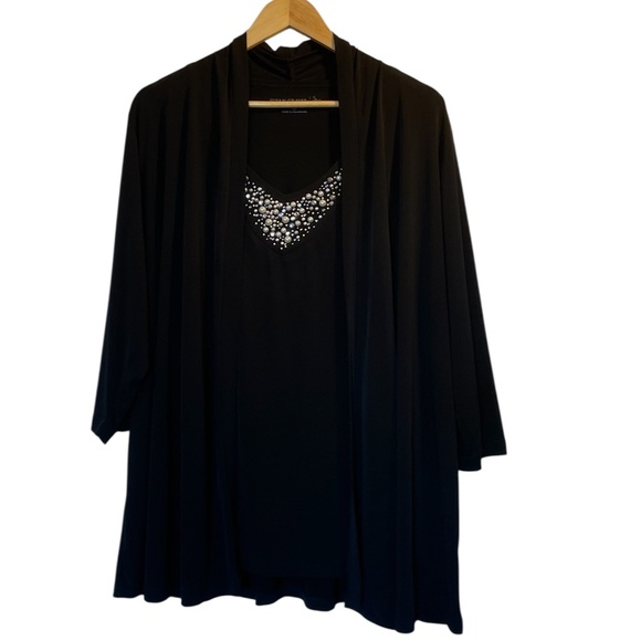 Susan Graver Tops - SUSAN GRAVER Black 2-Piece Twinset Jacket and Pearl Adorned Tank Blouse Top - 1X